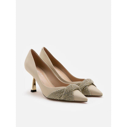 PAZZION Women Beige Crystal Twist Embellished Cross Strap Pump Heels