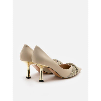 PAZZION Women Beige Crystal Twist Embellished Cross Strap Pump Heels