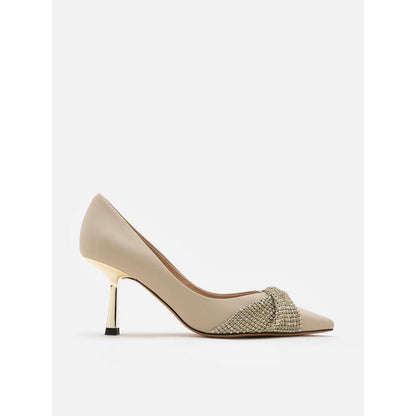 PAZZION Women Beige Crystal Twist Embellished Cross Strap Pump Heels