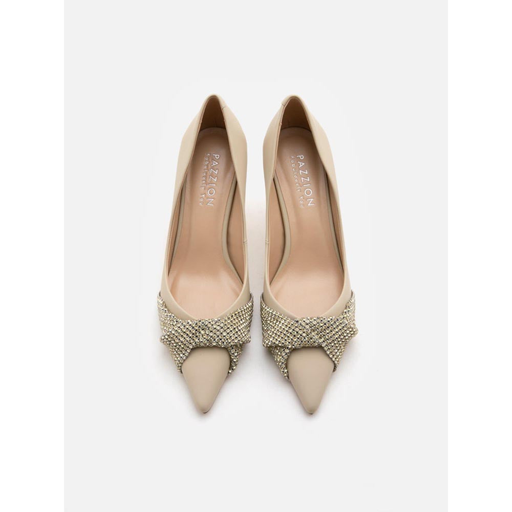 PAZZION Women Beige Crystal Twist Embellished Cross Strap Pump Heels