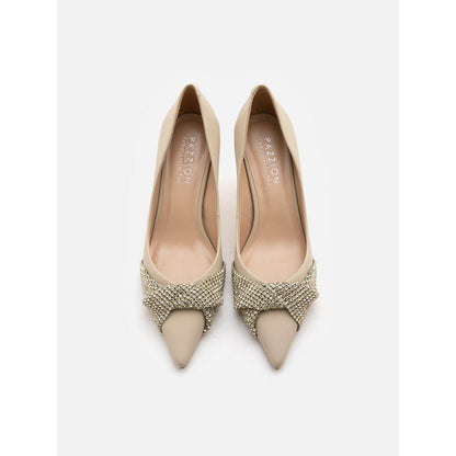 PAZZION Women Beige Crystal Twist Embellished Cross Strap Pump Heels