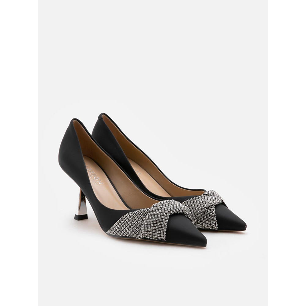 PAZZION Women Black Crystal Twist Embellished Cross Strap Pump Heels