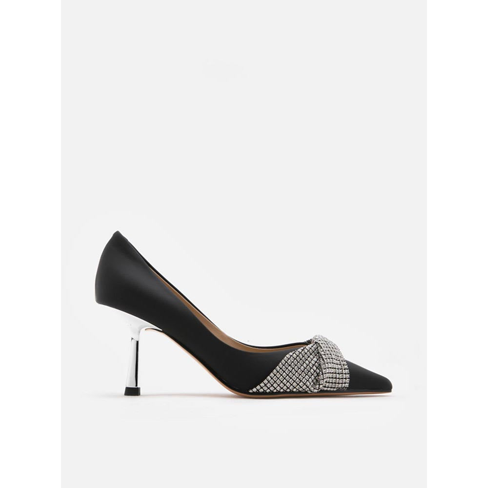 PAZZION Women Black Crystal Twist Embellished Cross Strap Pump Heels
