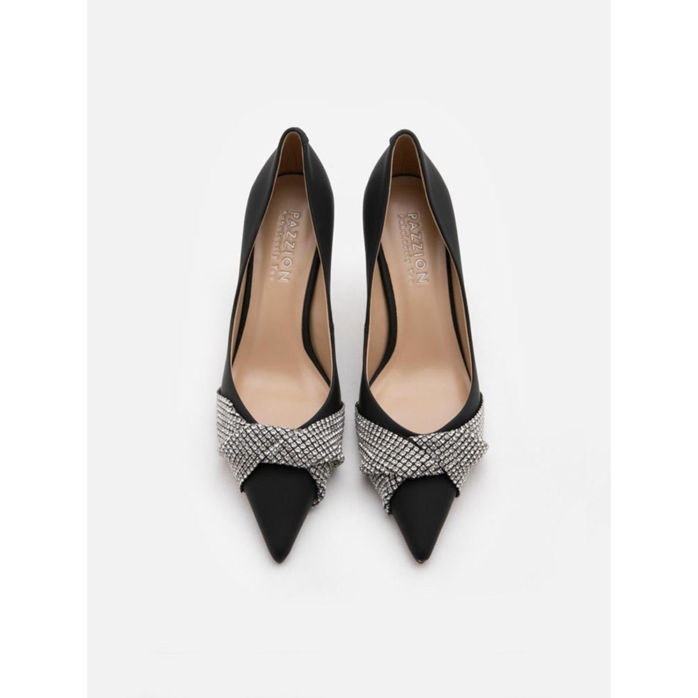 PAZZION Women Black Crystal Twist Embellished Cross Strap Pump Heels