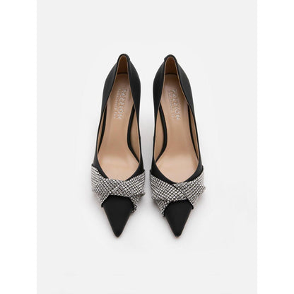 PAZZION Women Black Crystal Twist Embellished Cross Strap Pump Heels