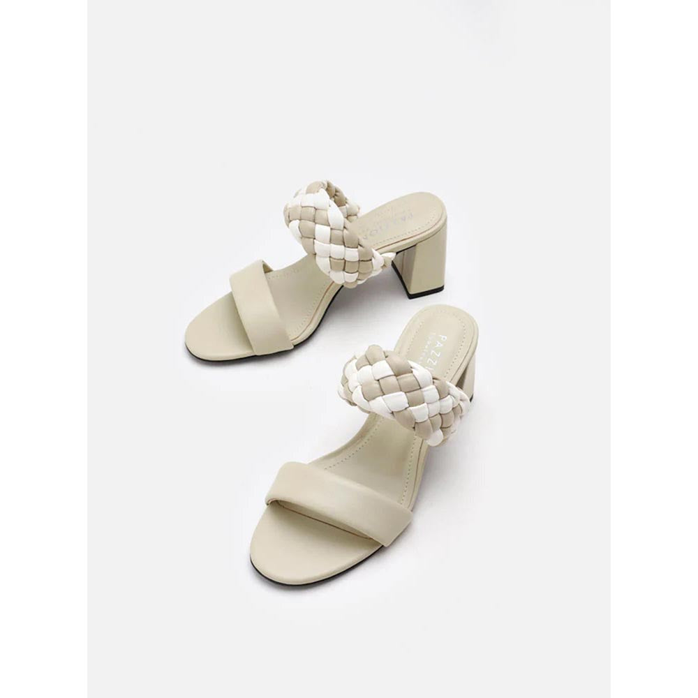 PAZZION Women Off White Braided Two-Tone Sandal Heels
