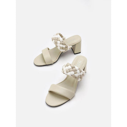PAZZION Women Off White Braided Two-Tone Sandal Heels