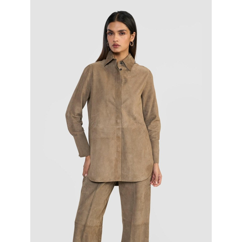 Perona Brown Mizuki Suede Solid Shirt