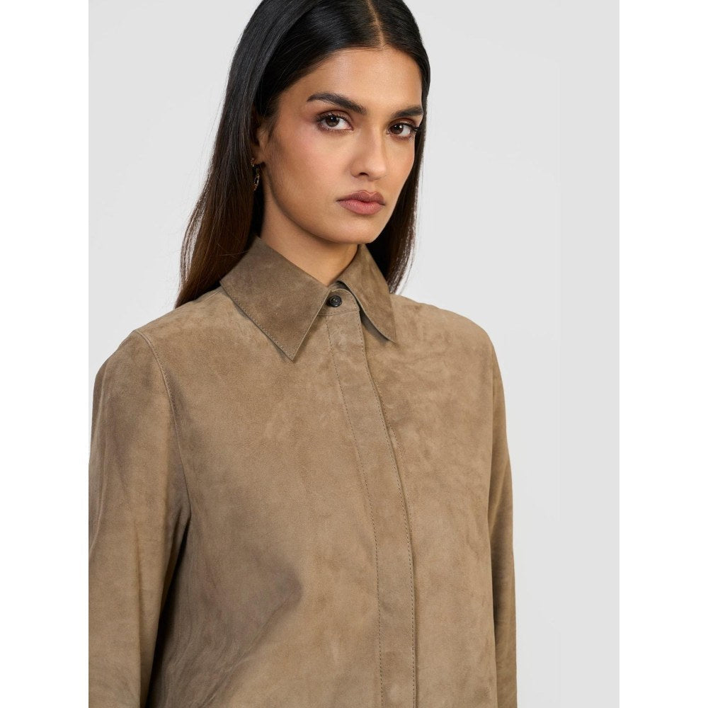 Perona Brown Mizuki Suede Solid Shirt