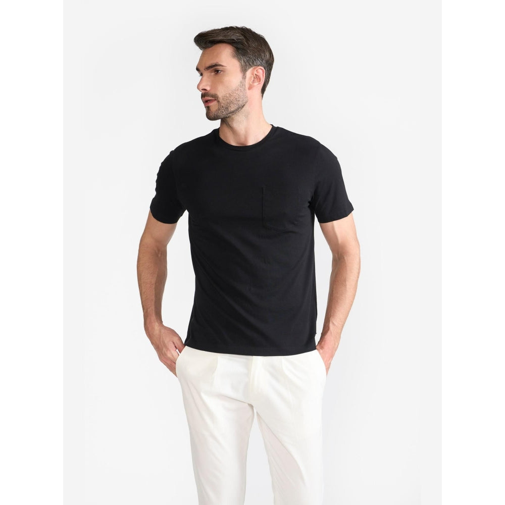 Perona Black Caden Pure Cotton Crew Neck Solid/Plain T-Shirt
