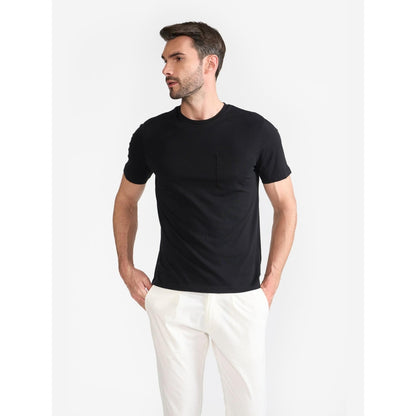 Perona Black Caden Pure Cotton Crew Neck Solid/Plain T-Shirt