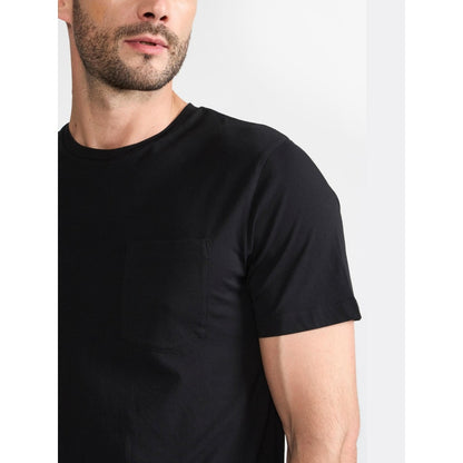 Perona Black Caden Pure Cotton Crew Neck Solid/Plain T-Shirt
