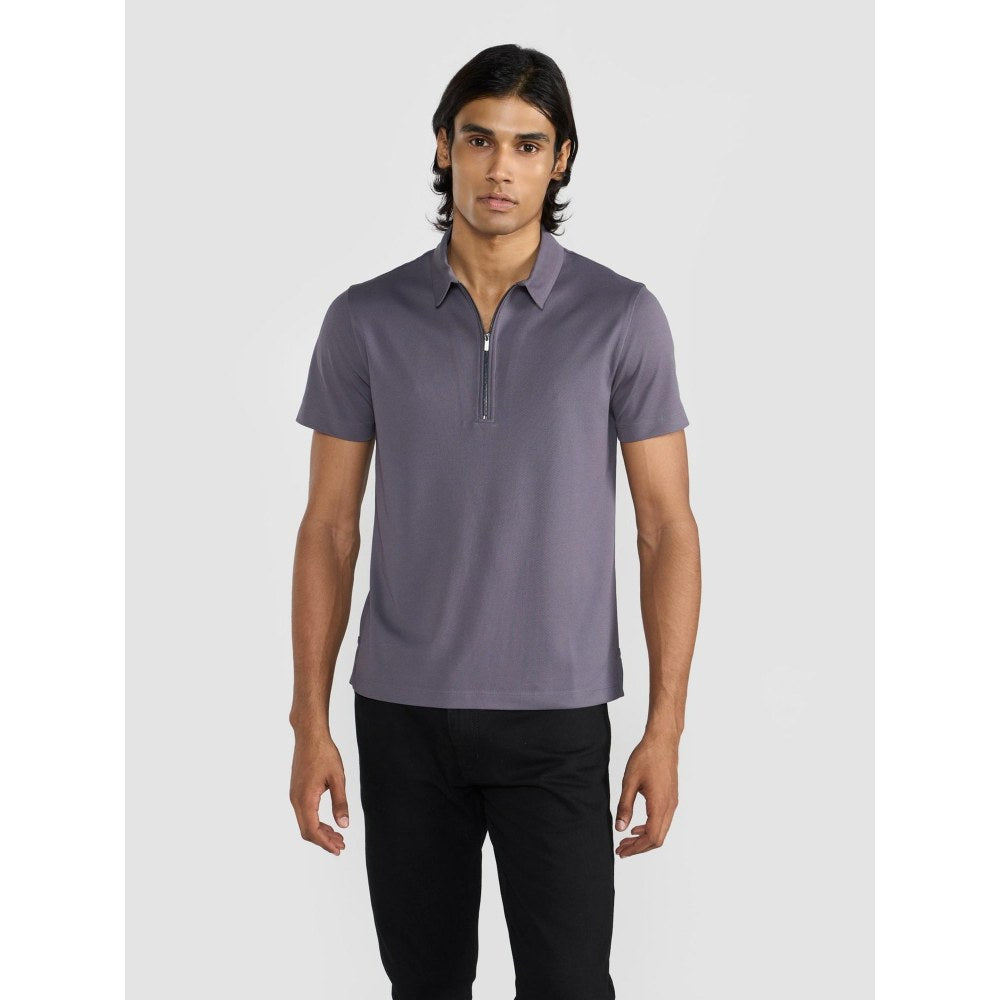 Perona Grey Casper Polyester Collar Neck Solid/Plain Polo T-Shirt