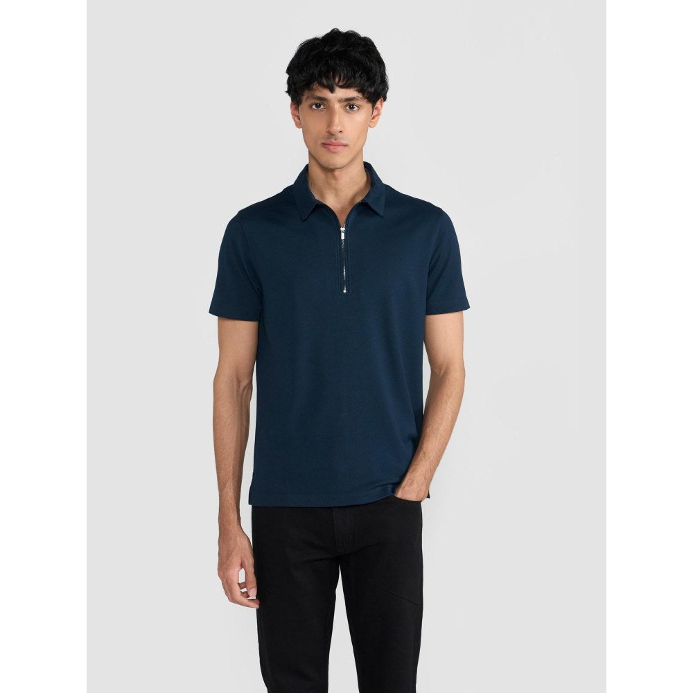 Perona Navy Blue Casper Polyester Collar Neck Solid/Plain Polo T-Shirt