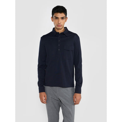 Perona Navy Blue Marin Cotton Blend Collar Neck Solid/Plain Polo T-Shirt