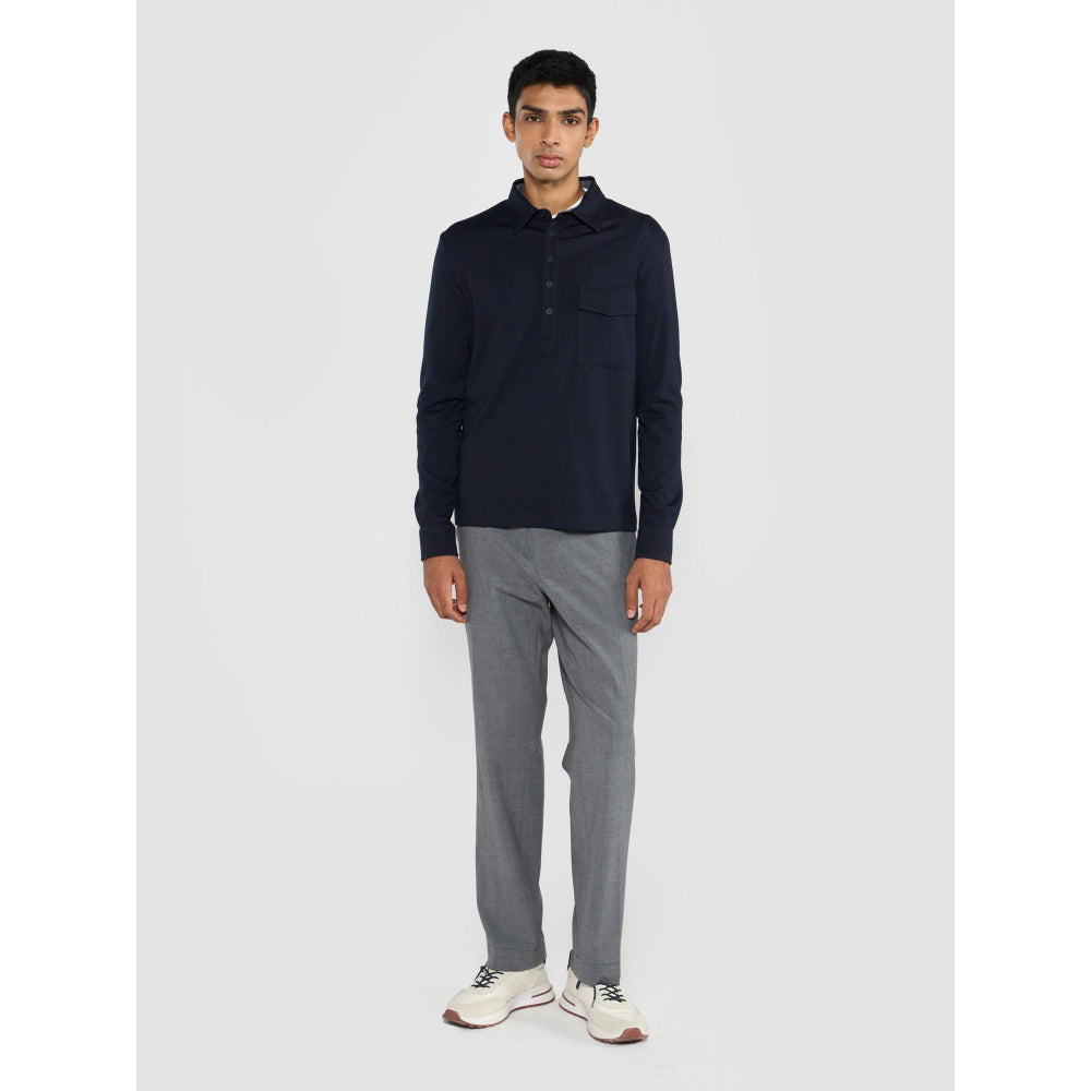 Perona Navy Blue Marin Cotton Blend Collar Neck Solid/Plain Polo T-Shirt