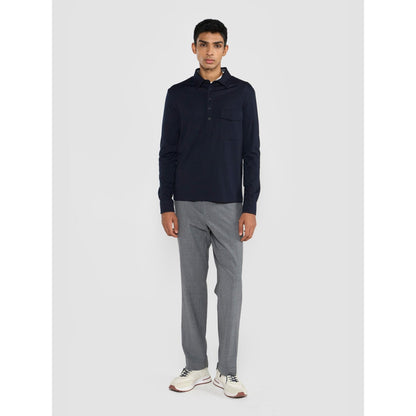 Perona Navy Blue Marin Cotton Blend Collar Neck Solid/Plain Polo T-Shirt
