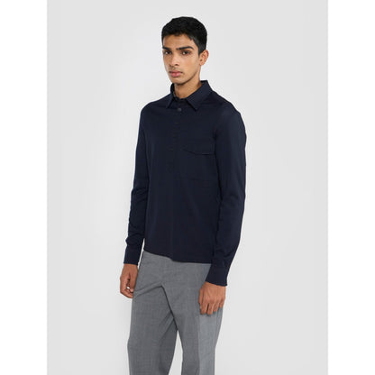 Perona Navy Blue Marin Cotton Blend Collar Neck Solid/Plain Polo T-Shirt
