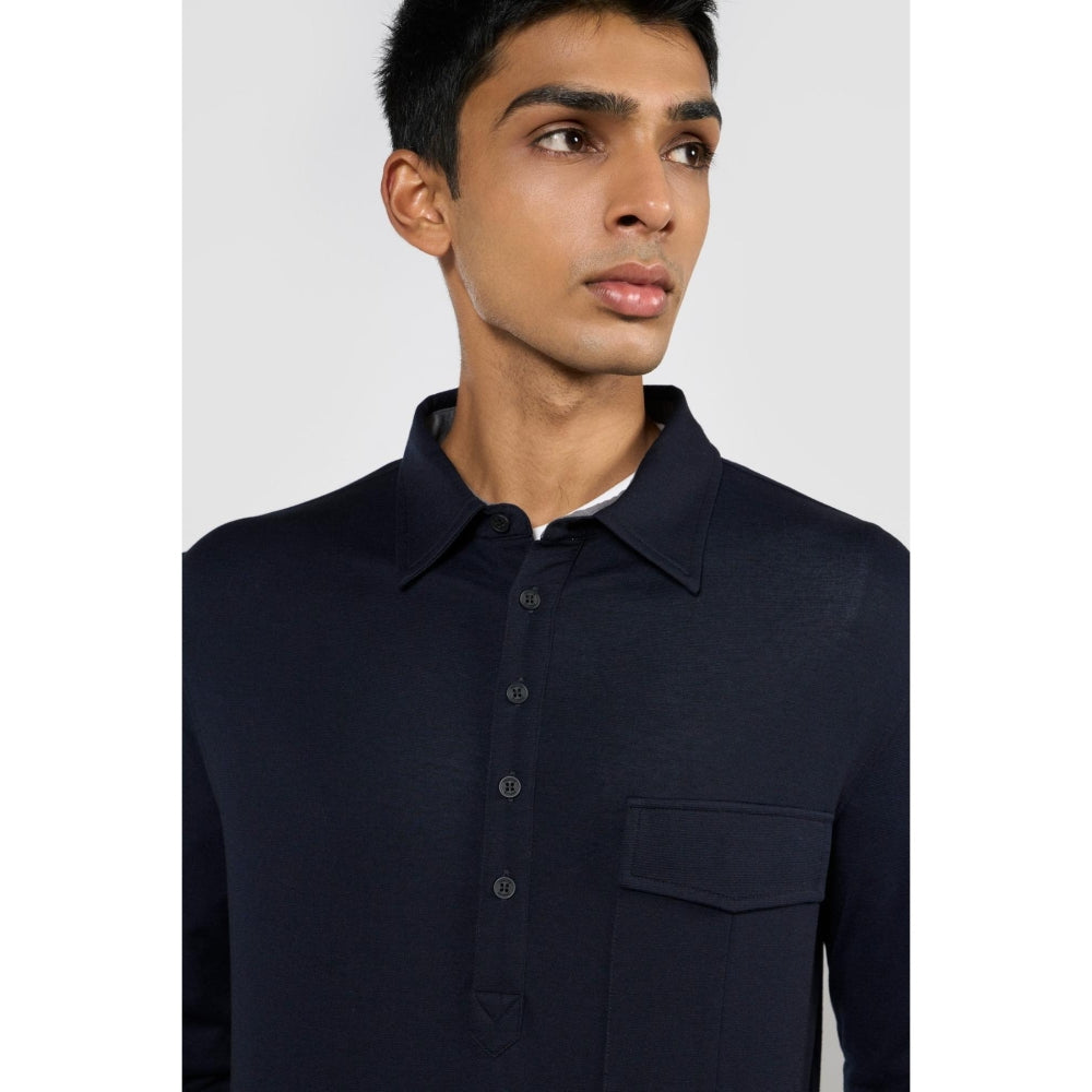 Perona Navy Blue Marin Cotton Blend Collar Neck Solid/Plain Polo T-Shirt