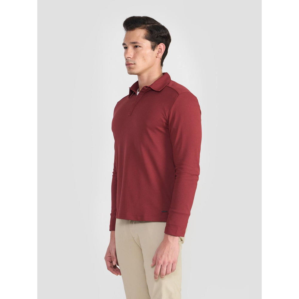 Perona Red Mike Polyester Collar Neck Solid/Plain Polo T-Shirt