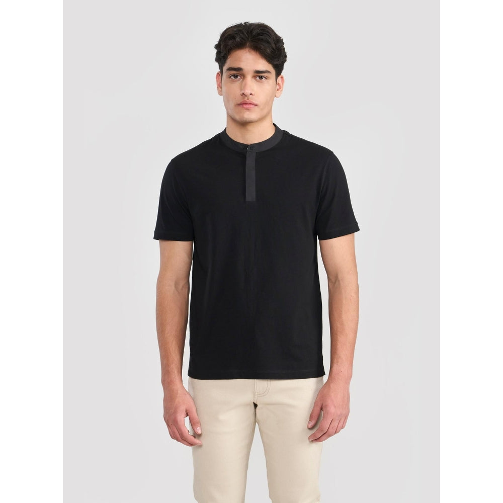 Perona Black Sean Pure Cotton Mandarin Neck Solid/Plain T-Shirt