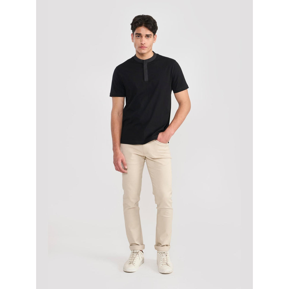 Perona Black Sean Pure Cotton Mandarin Neck Solid/Plain T-Shirt