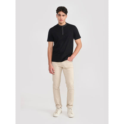 Perona Black Sean Pure Cotton Mandarin Neck Solid/Plain T-Shirt