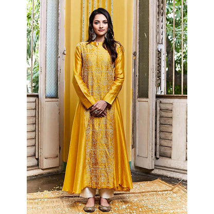 PINK CITY BY SARIKA Silk Chanderi Asymmetrical Kurta with Pant Pearl Lotus Jaal (Set of 2)