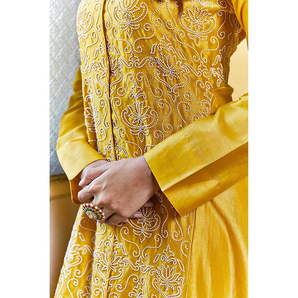 PINK CITY BY SARIKA Silk Chanderi Asymmetrical Kurta with Pant Pearl Lotus Jaal (Set of 2)