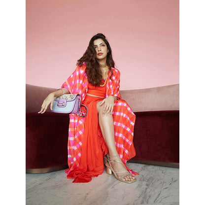 PINK CITY BY SARIKA Leheriya Cape with Draped Skirt (Set of 3)