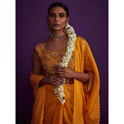 PINK CITY BY SARIKA Bandhani Cape with Heavily Embroidered Crop Top (Set of 3)