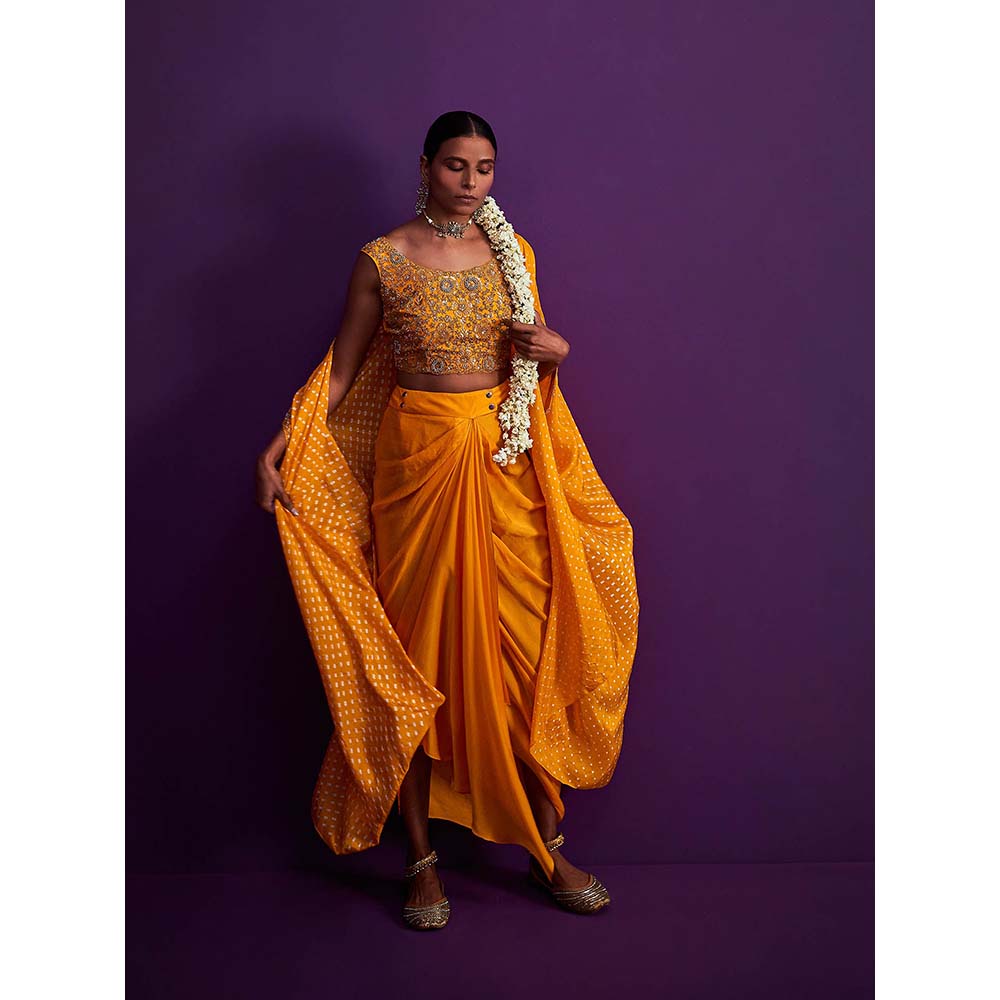 PINK CITY BY SARIKA Bandhani Cape with Heavily Embroidered Crop Top (Set of 3)