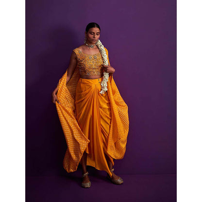 PINK CITY BY SARIKA Bandhani Cape with Heavily Embroidered Crop Top (Set of 3)