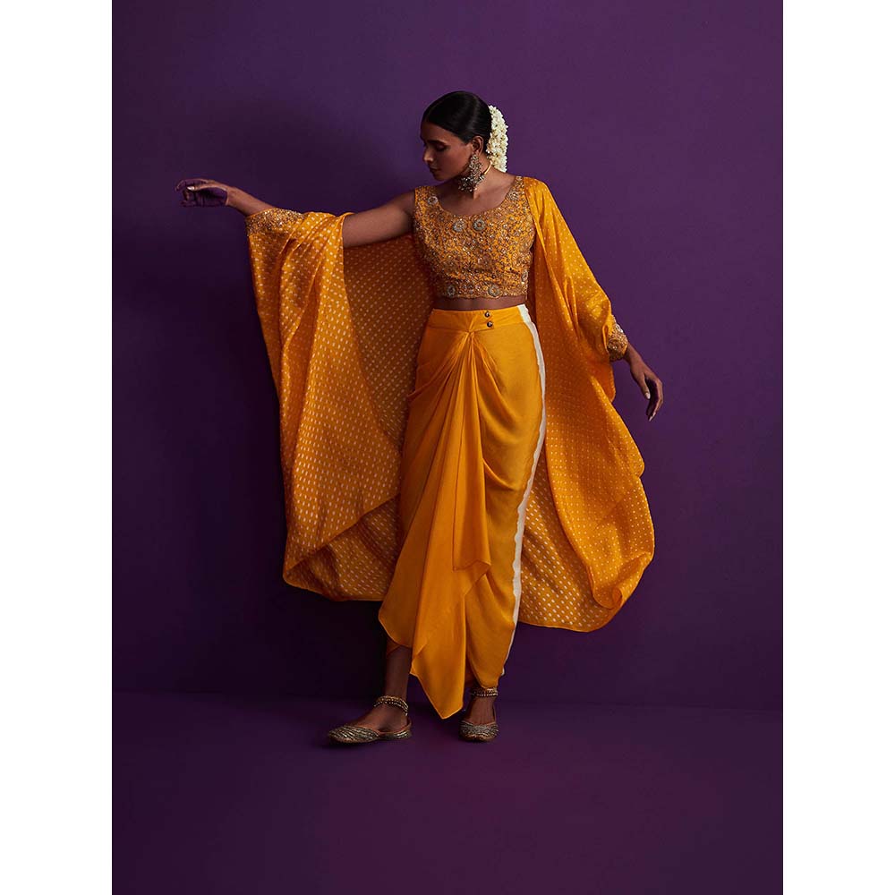 PINK CITY BY SARIKA Bandhani Cape with Heavily Embroidered Crop Top (Set of 3)