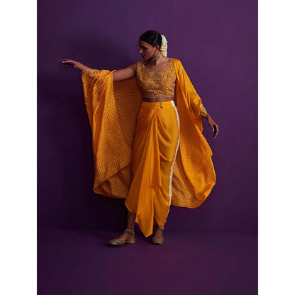 PINK CITY BY SARIKA Bandhani Cape with Heavily Embroidered Crop Top (Set of 3)