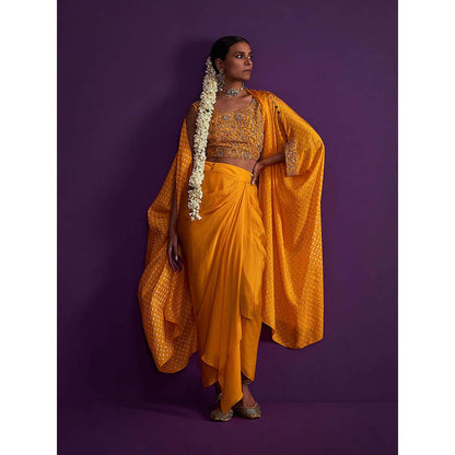 PINK CITY BY SARIKA Bandhani Cape with Heavily Embroidered Crop Top (Set of 3)