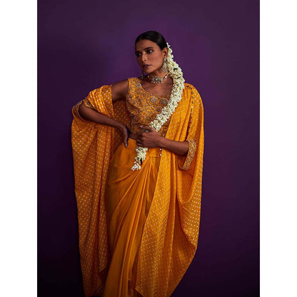 PINK CITY BY SARIKA Bandhani Cape with Heavily Embroidered Crop Top (Set of 3)