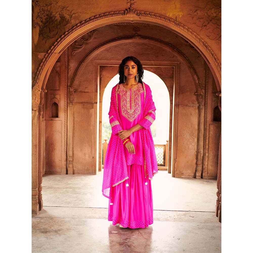 PINK CITY BY SARIKA Bandhni Short Kurta with Sharara and Dupatta (Set of 3)