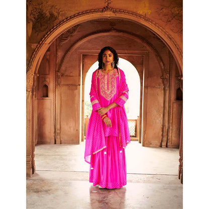 PINK CITY BY SARIKA Bandhni Short Kurta with Sharara and Dupatta (Set of 3)