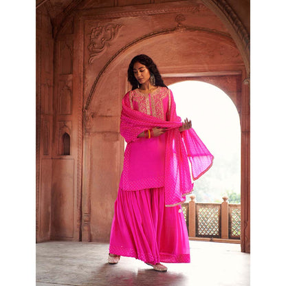 PINK CITY BY SARIKA Bandhni Short Kurta with Sharara and Dupatta (Set of 3)