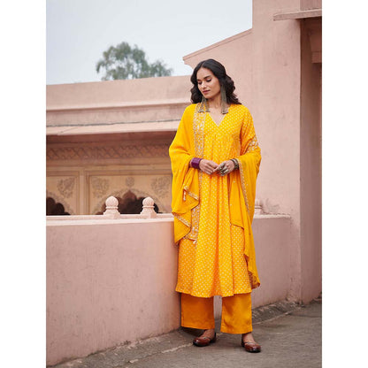 PINK CITY BY SARIKA Bandhni Cross Yoke Kurta with Pant and Dupatta (Set of 3)