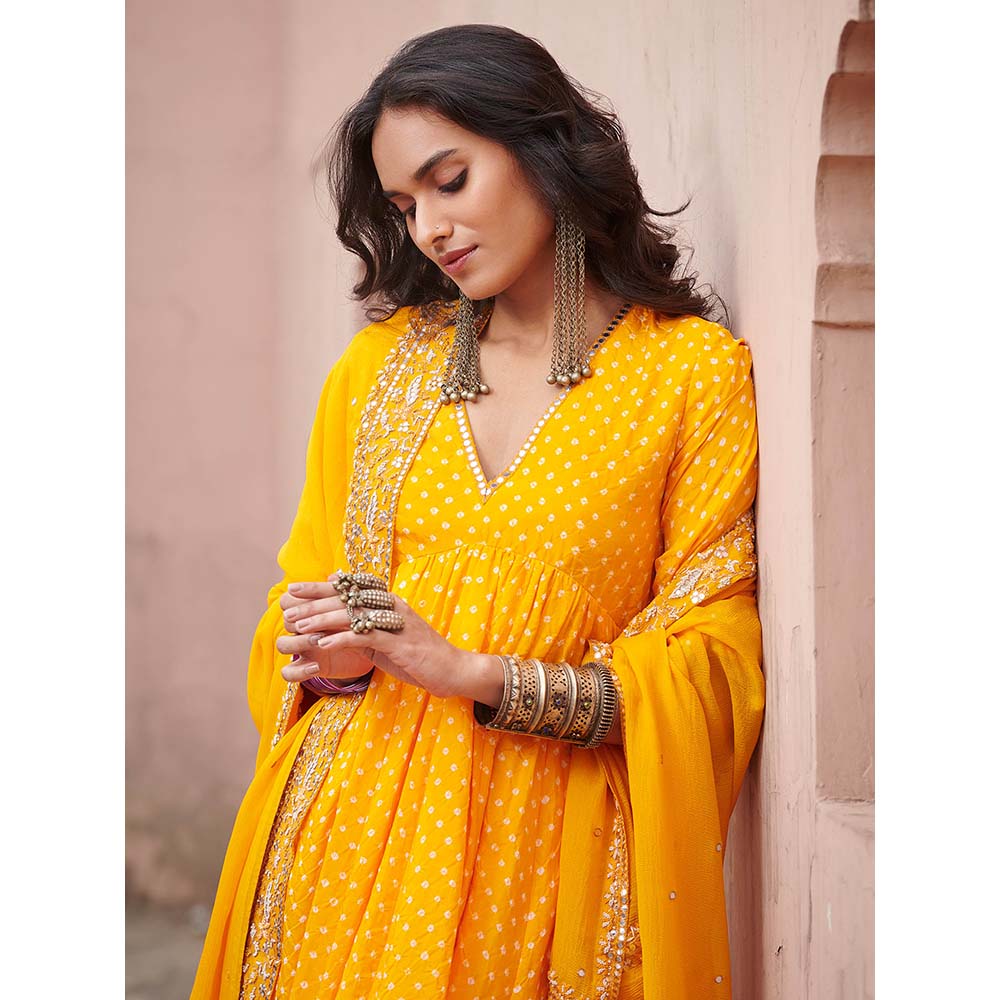 PINK CITY BY SARIKA Bandhni Cross Yoke Kurta with Pant and Dupatta (Set of 3)