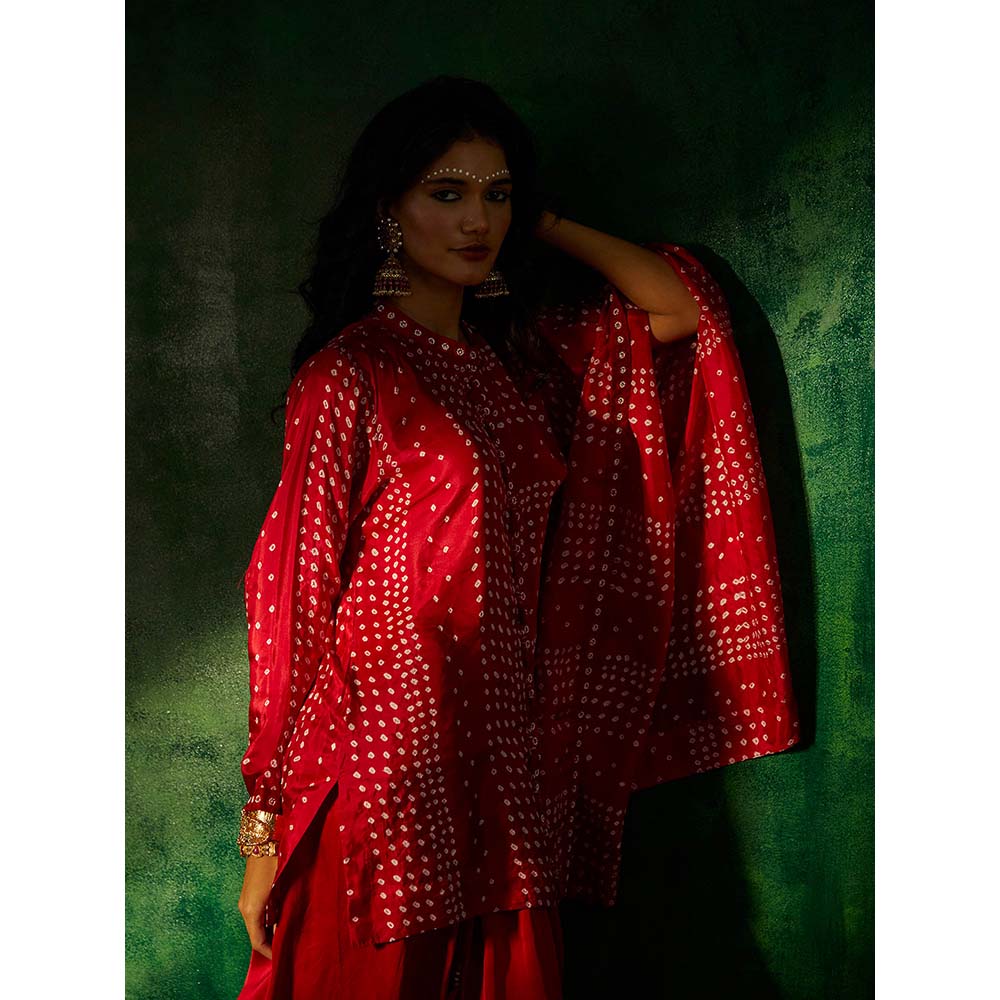 PINK CITY BY SARIKA Asymmetrical Bandhani Kurti with Drape Trouser. (Set of 3)
