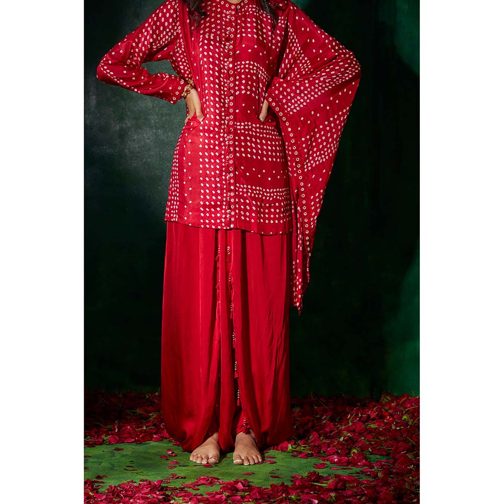PINK CITY BY SARIKA Asymmetrical Bandhani Kurti with Drape Trouser. (Set of 3)