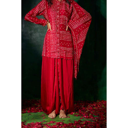 PINK CITY BY SARIKA Asymmetrical Bandhani Kurti with Drape Trouser. (Set of 3)