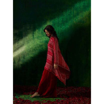 PINK CITY BY SARIKA Asymmetrical Bandhani Kurti with Drape Trouser. (Set of 3)