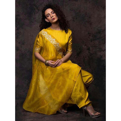 PINK CITY BY SARIKA Yellow Short Top With Dhoti And Drape Dupatta (Set of 3)
