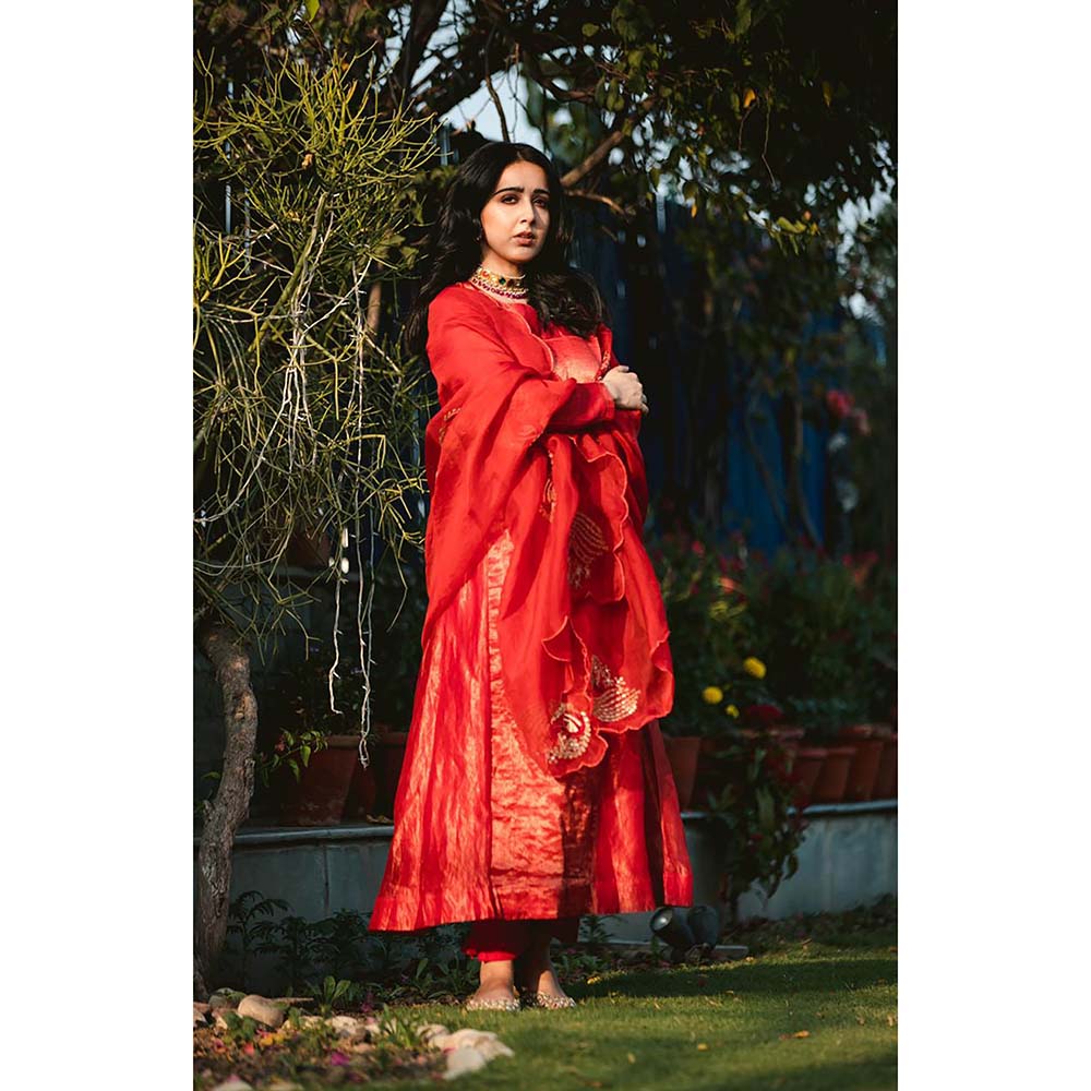 PINK CITY BY SARIKA Red Anarkali With Pant And Dupatta (Set of 3)