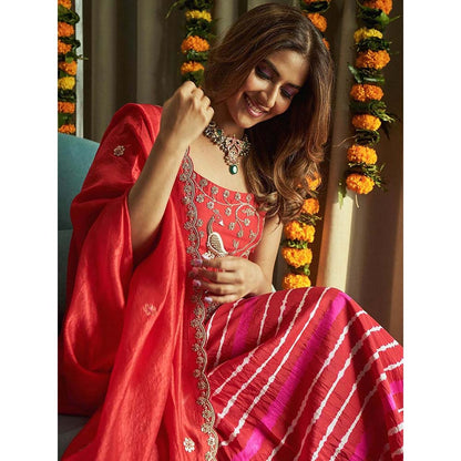 PINK CITY BY SARIKA Red Leheria Kurta With Sharara And Dupatta (Set of 3)