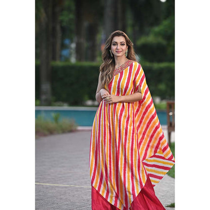 PINK CITY BY SARIKA Yellow Leheriya One-Shoulder Cape With Sharara (Set of 2)